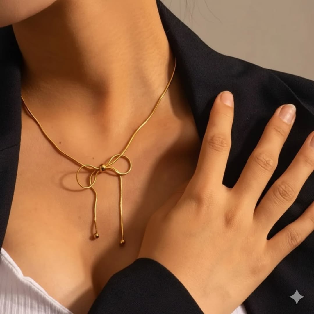 SlayyShine Golden Bow Necklace in 18K gold plating with delicate bow design