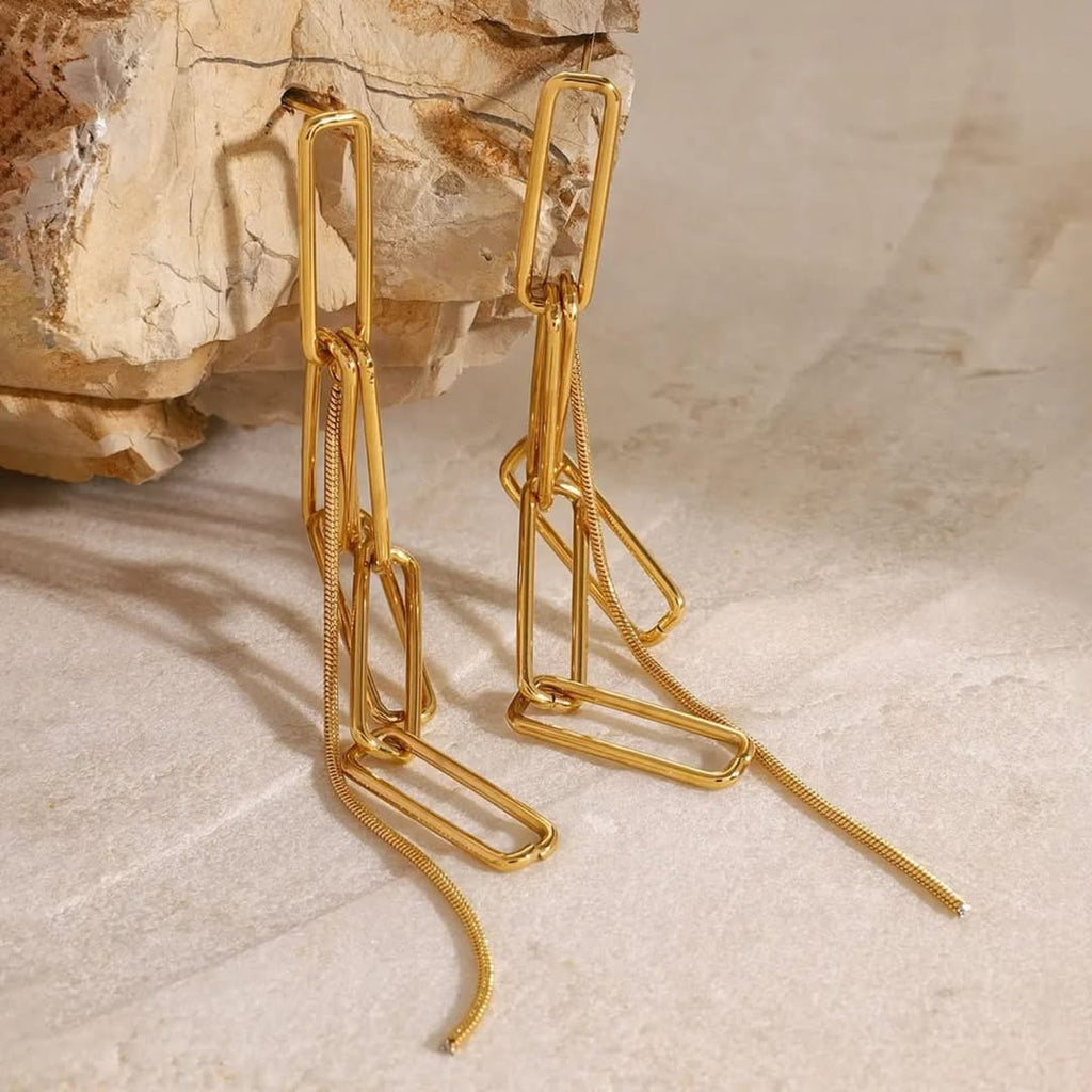 SlayyShine Golden Link Cascade Earrings in 18K gold plating with flowing chain design