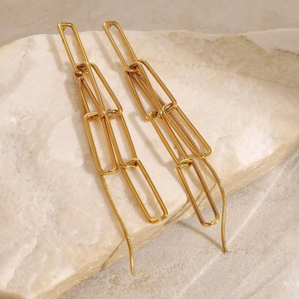 SlayyShine Golden Link Cascade Earrings in 18K gold plating with flowing chain design