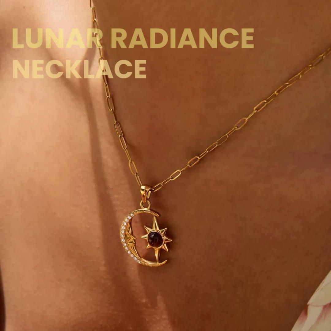 Gold necklace with moon and sun pendant on a person's neck, labeled 'Lunar Radiance Necklace'.