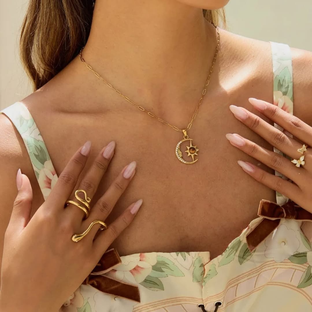 SlayyShine Lunar Radiance Necklace in 18K gold plating with moon and star charm
